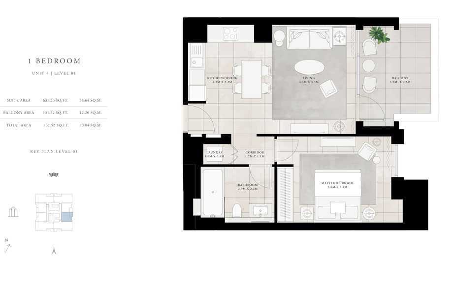 1-Bed, Unit-4, Level-1, Total-Area-762.52-sq.ft